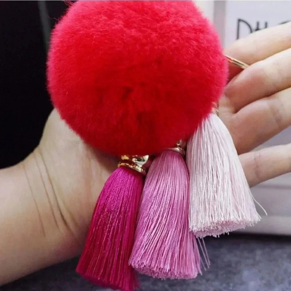 Multiple Colors Available - Fuzzy Fur Pom Pom Keychain Key with Tassels - Picture 5 of 15